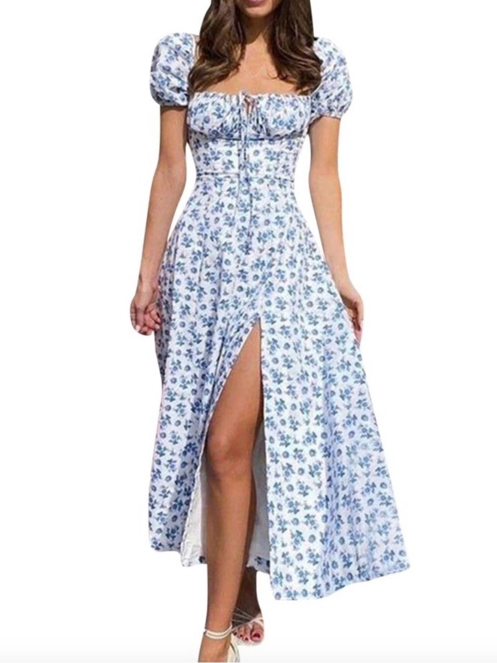 LINJIA SHOP Blue and White Floral Puff Sleeve Maxi Dress size Medium